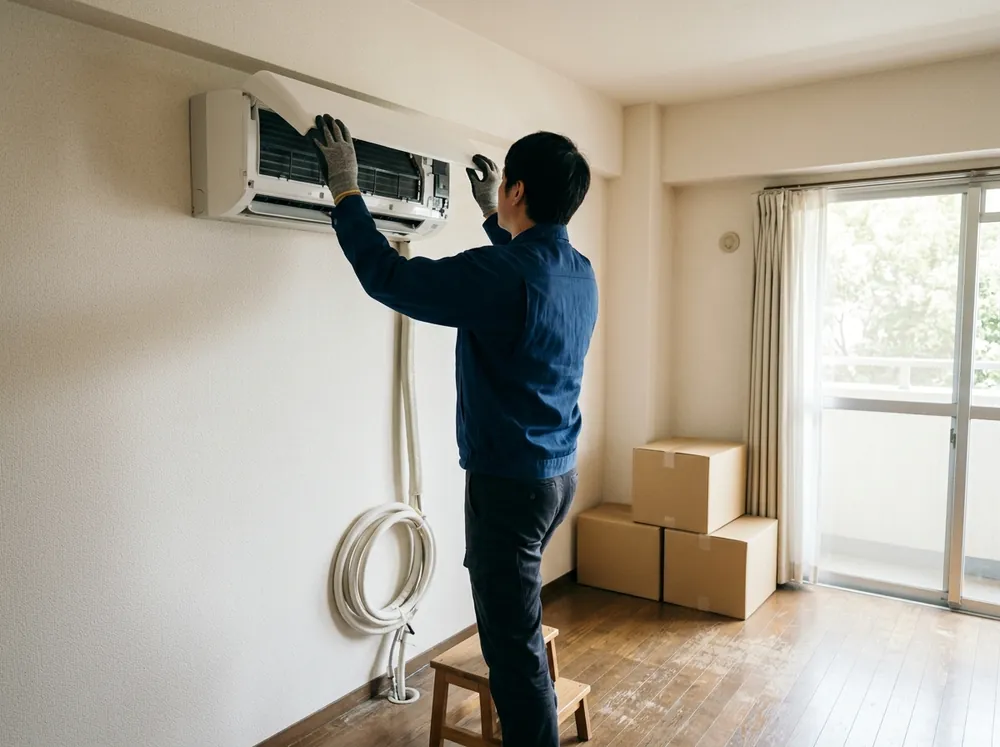 家具を運び出したあとの賃貸の部屋で、壁掛けエアコンの前面パネルを開けて内部を確かめている様子