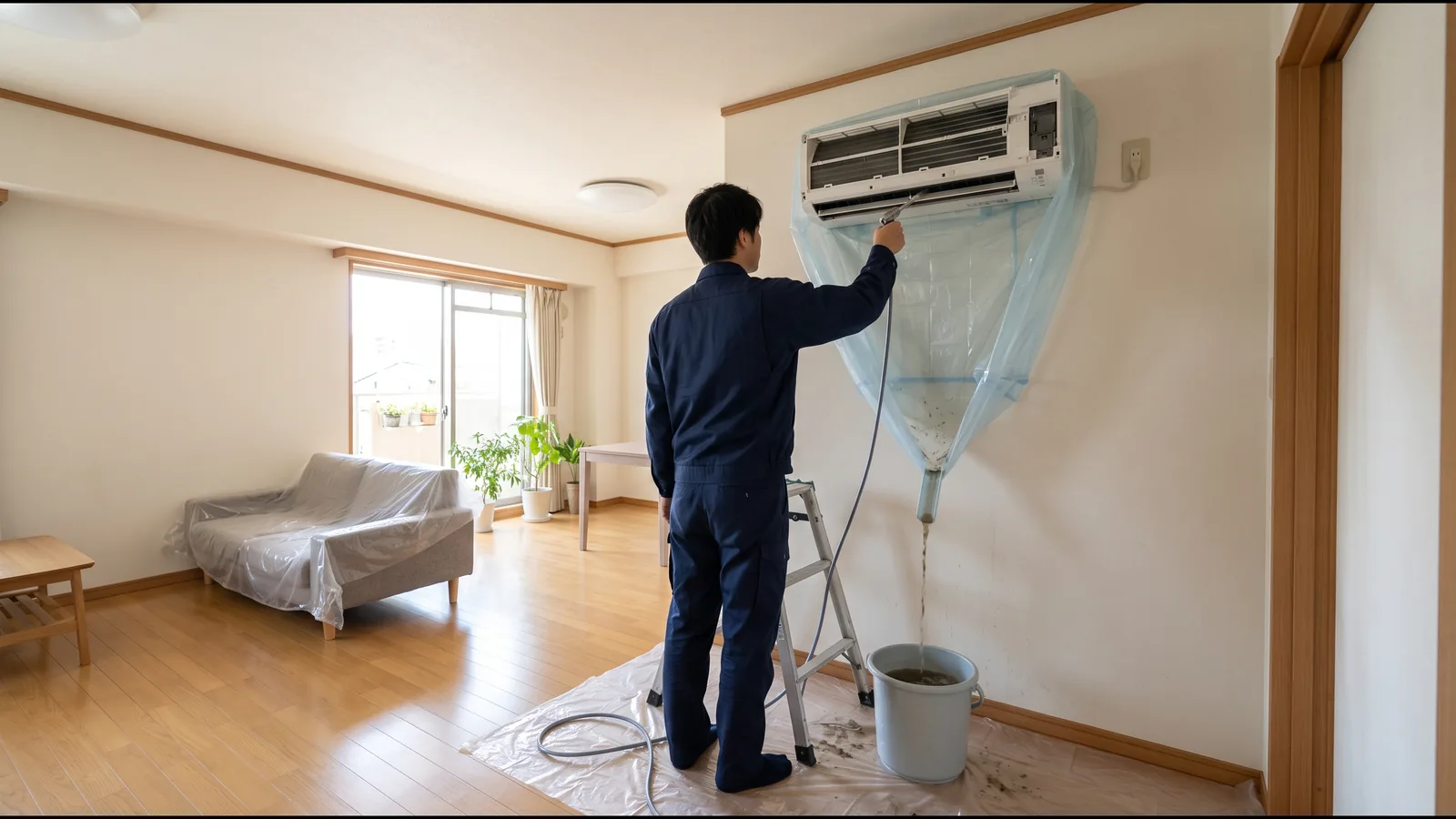 マンションのリビングで、壁掛けエアコンに洗浄カバーを付け、脚立に乗ったスタッフが内部を水で洗っている様子