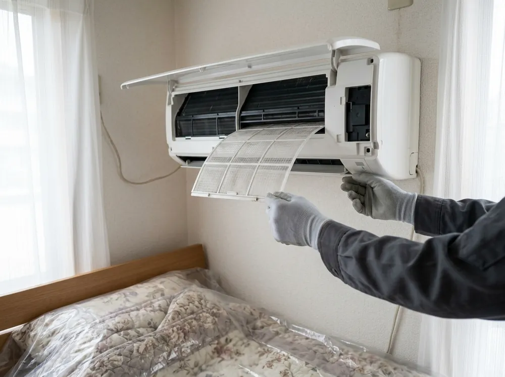 ベッドのある寝室の壁に付いた小型の壁掛けエアコンの前面パネルを、手袋をした手で持ち上げている様子
